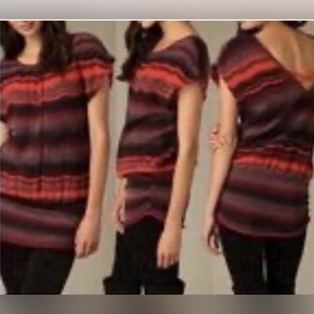 Free People Women's Sweater Tunic Ruched Top Short Sleeve Stripe XS Wool Acrylic
